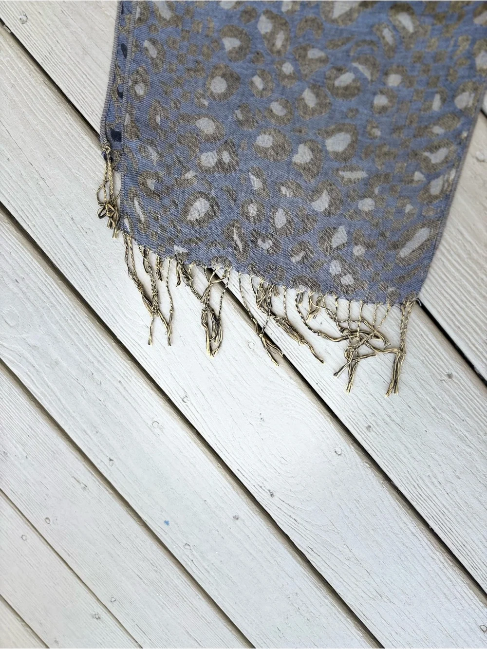 NWOT Unisex Gray/Black/Gold Patterned Long Scarf with Fringes, Size: 68” x 13”